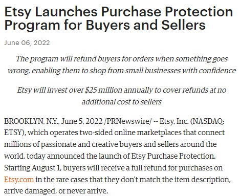 Etsy投入2500万美元推出购买保护计划 8月1日生效